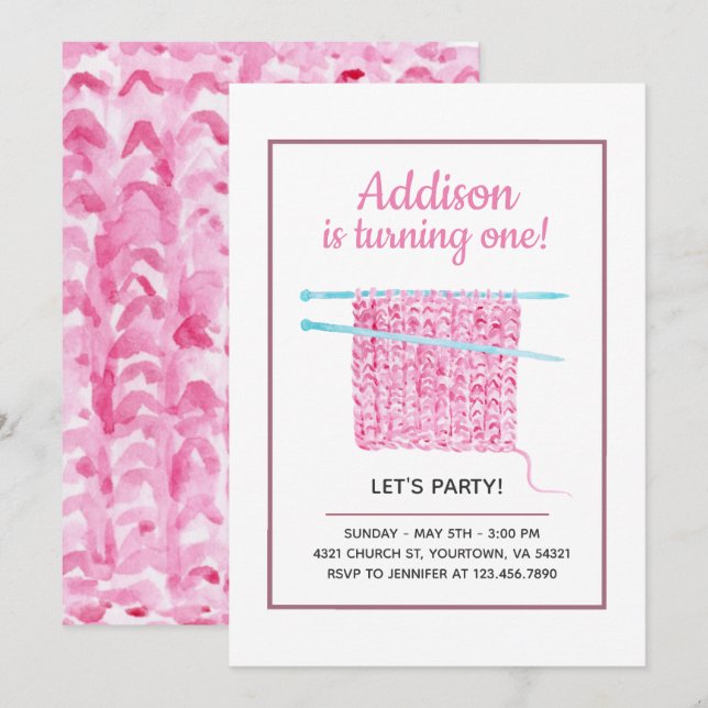Invitation Knit Blanket Baby Girl Premier anniversaire (Devant / Derrière)
