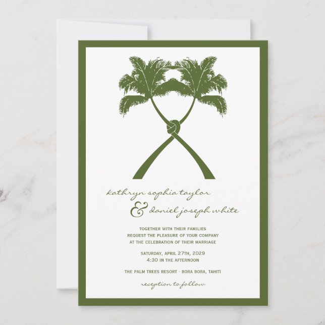 Invitation Knot Palm Trees Plage Mariage tropical Moderne Chi (Devant)