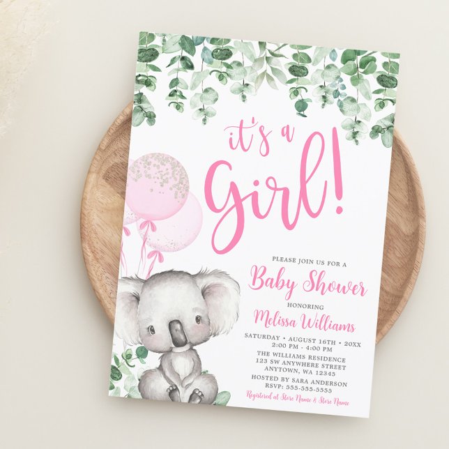 Invitation Koala Balloons Eucalyptus Baby shower fille (Créateur téléchargé)