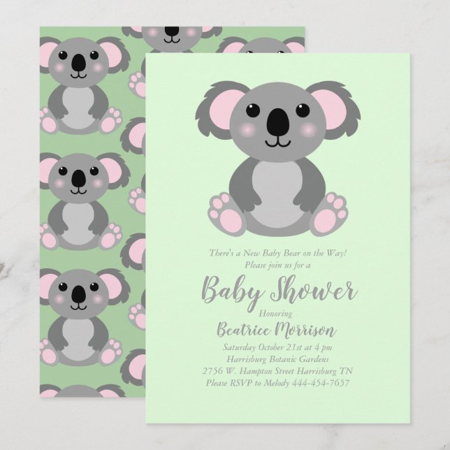 Invitation Koala Bear Baby shower vert genre neutre (Devant / Derrière)