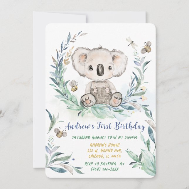 Invitation Koala Boy personnalisé Premier anniversaire (Devant)