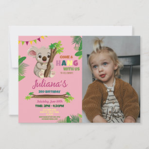 Invitation Koala Cute Girls Party Anniversaire rose Photo