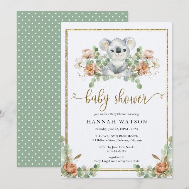 Invitation Koala Eucalyptus Woodland Élégant Baby shower (Devant / Derrière)