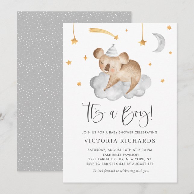 Invitation Koala Gray Sleeping Cute C'est un Baby shower garç (Devant / Derrière)