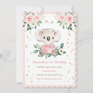 Invitation Koala personnalisé ours fille 1er anniversaire