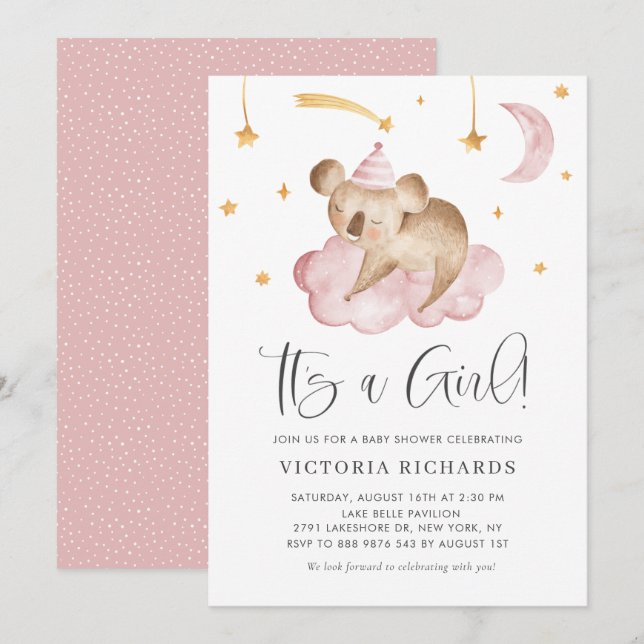 Invitation Koala Rose Belle Dormir C'est un Baby shower de fi (Devant / Derrière)