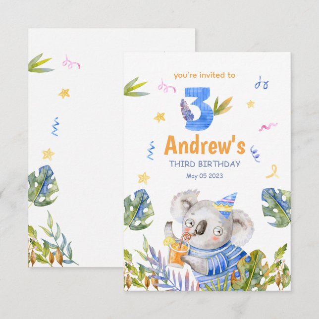 Invitation Koala Safari Animaux, Koala Anniversaire (Devant / Derrière)