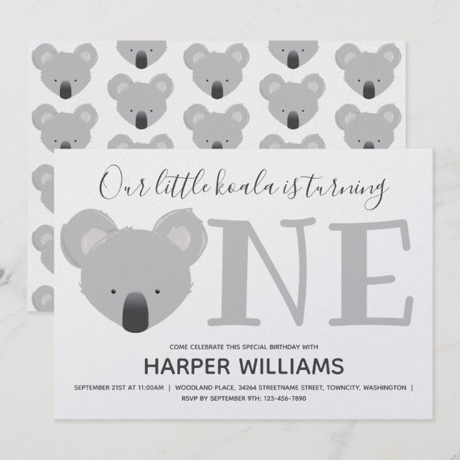 Invitation Koala Tourne un animal mignon premier anniversaire (Devant / Derrière)