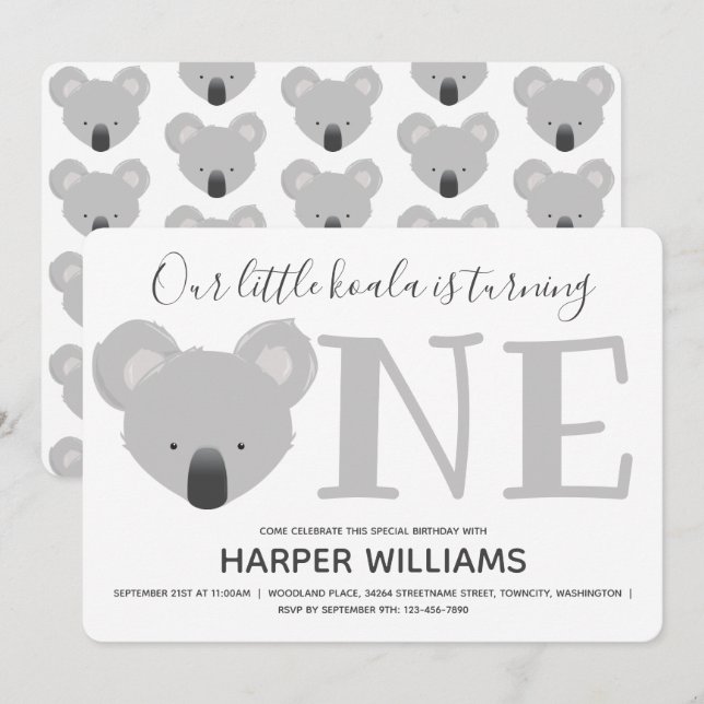 Invitation Koala Turning One mignonne Animal 1er Anniversaire (Devant / Derrière)