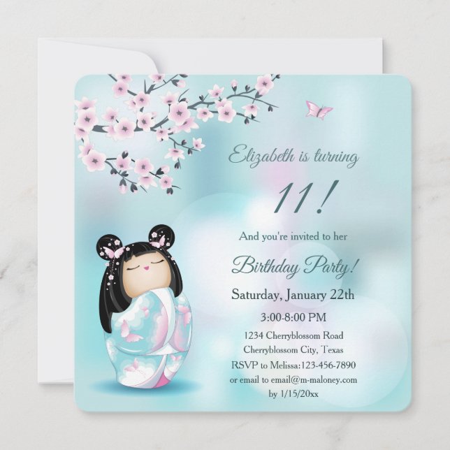 Invitation Kokeshi Doll Cherry Blossoms Fille Anniversaire (Devant)