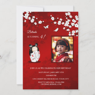 Invitation Kokeshi Doll Rouge Blanc   `Photo Fille's Birthday