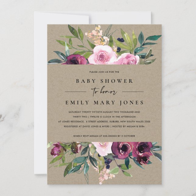 INVITATION KRAFT BLUSH BURGUNDY BABY SHOWER FLORAL BUNCH (Devant)