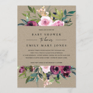 INVITATION KRAFT BLUSH BURGUNDY BABY SHOWER FLORAL BUNCH
