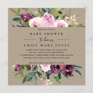 INVITATION KRAFT BLUSH BURGUNDY BABY SHOWER FLORAL BUNCH