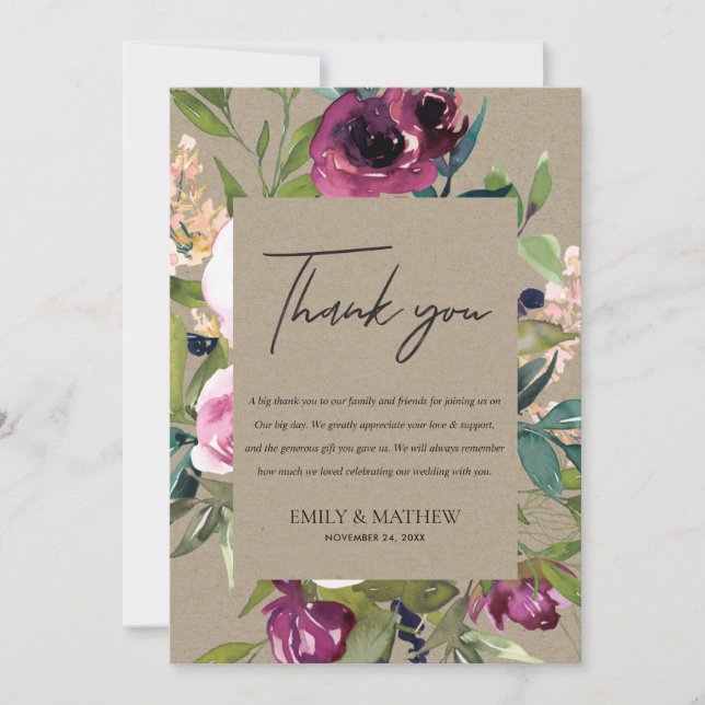 INVITATION KRAFT BLUSH BURGUNDY FLORA BUNCH MARIAGE MERCI (Devant)