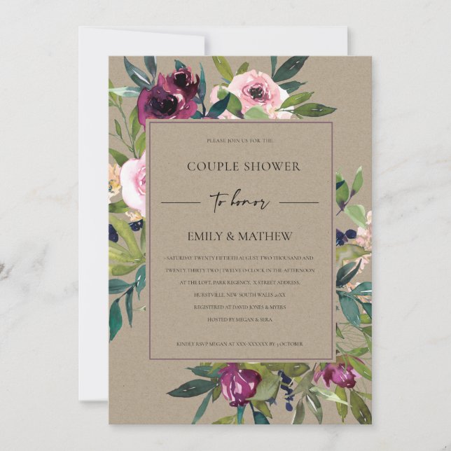 INVITATION KRAFT BLUSH BURGUNDY FLORAL BUNCH DOUCHE COUPLE (Devant)