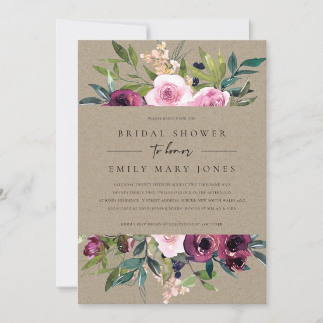 INVITATION KRAFT BLUSH BURGUNDY FLORAL BUNCH FÊTE DES MARIÉES (Devant)