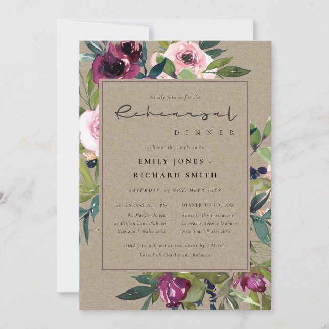 INVITATION KRAFT BLUSH BURGUNDY FLORAL BUNCH REHEARSAL DÎNER (Devant)