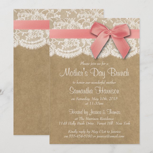 Invitation Kraft, dentelle et boue rose Brunch de la fête des (Devant / Derrière)