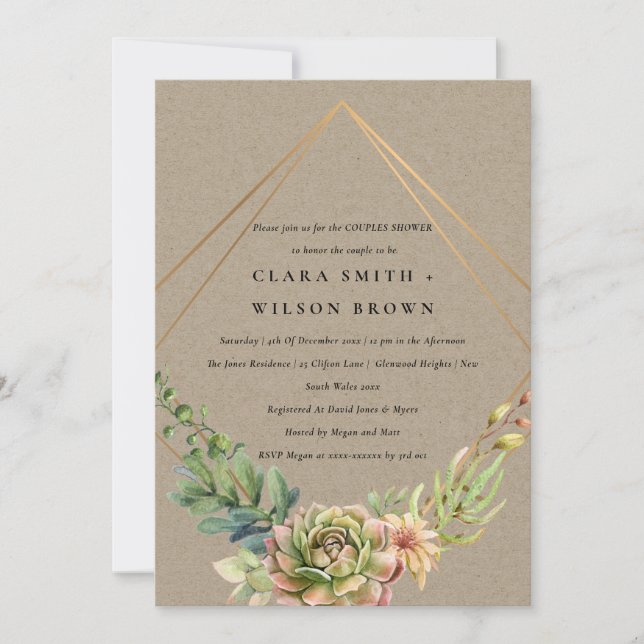 INVITATION KRAFT DESERT SUCCULENT CACTI FOLIAGE COUPLE DOUCHE (Devant)