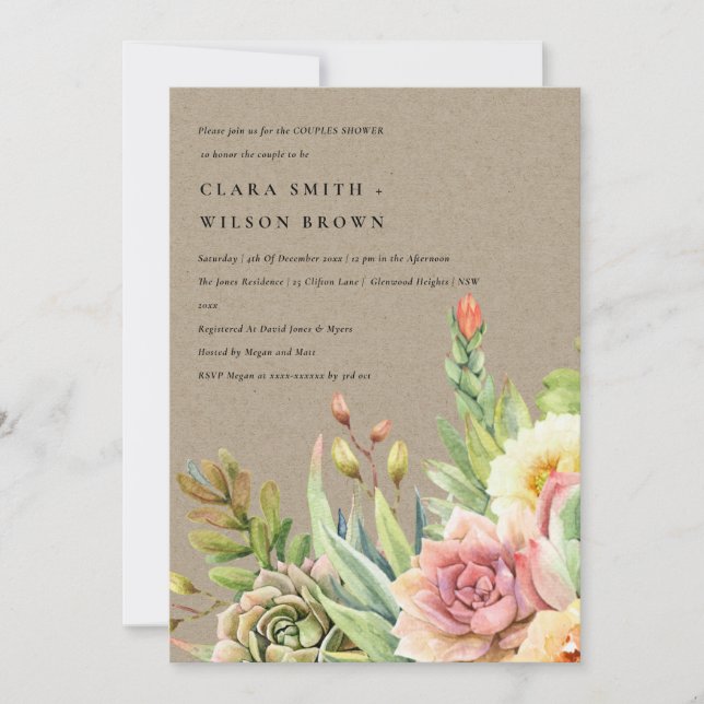 INVITATION KRAFT DESERT SUCCULENT CACTI FOLIAGE COUPLE DOUCHE (Devant)
