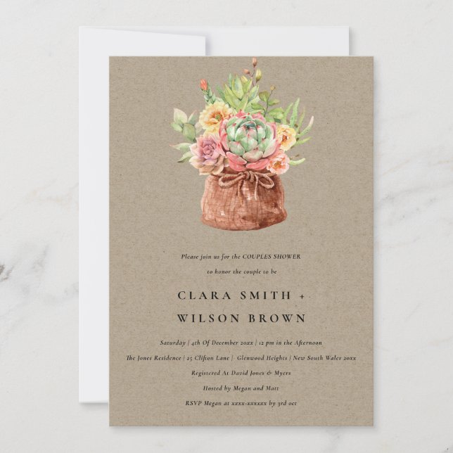 INVITATION KRAFT DESERT SUCCULENT CACTI FOLIAGE COUPLE DOUCHE (Devant)