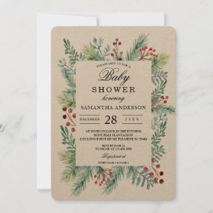 Invitation Kraft Hiver Feuilles Cadre vert