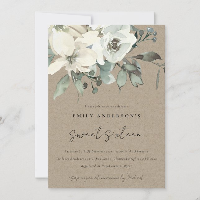 INVITATION KRAFT IVORY BUNCH FLORAL BLANC SWEET 16 ANNIVERSAI (Devant)
