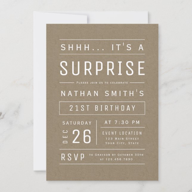 Invitation Kraft Moderne Typographie Simple Surprise Annivers (Devant)