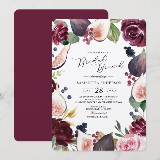 Invitation Kraft Moody & Rustic Burgundy Figs & Fleurs Cadre (Devant / Derrière)