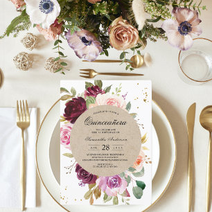 Invitation Kraft Moody & Rustique Bourgogne Cadre Floral & Or