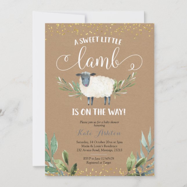 Invitation Kraft Papier doux Petit agneau vert Baby shower (Devant)