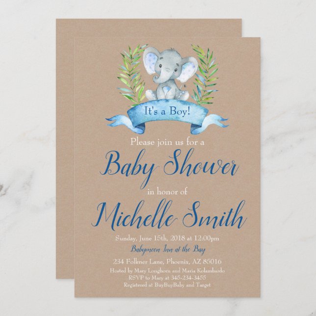 Invitation Kraft Rustic Boy Elephant Safari Boho Baby shower (Devant / Derrière)
