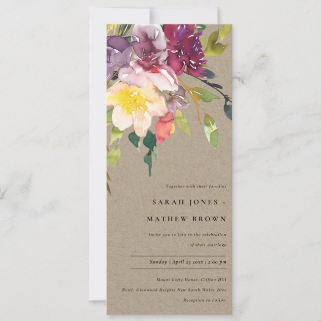 INVITATION KRAFT YELLOW BLUSH BURGUNDY FLORAL BUNCH MARIAGE (Devant)