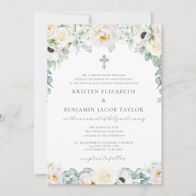 Invitation Kristen Simple Blanc Floral Mariage catholique (Devant)