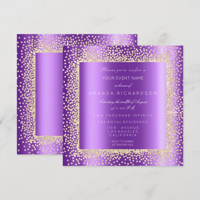 Invitation Krystal Champaigne Or Glitter Confetti Violet2 (Devant / Derrière)