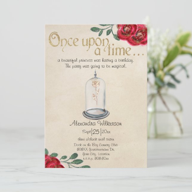 Invitation La beauté et la bête La fée des roses rouges (Debout devant)