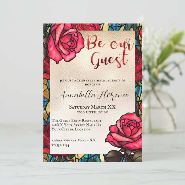 Invitation La beauté Rose en verre satiné et la bête (Debout devant)