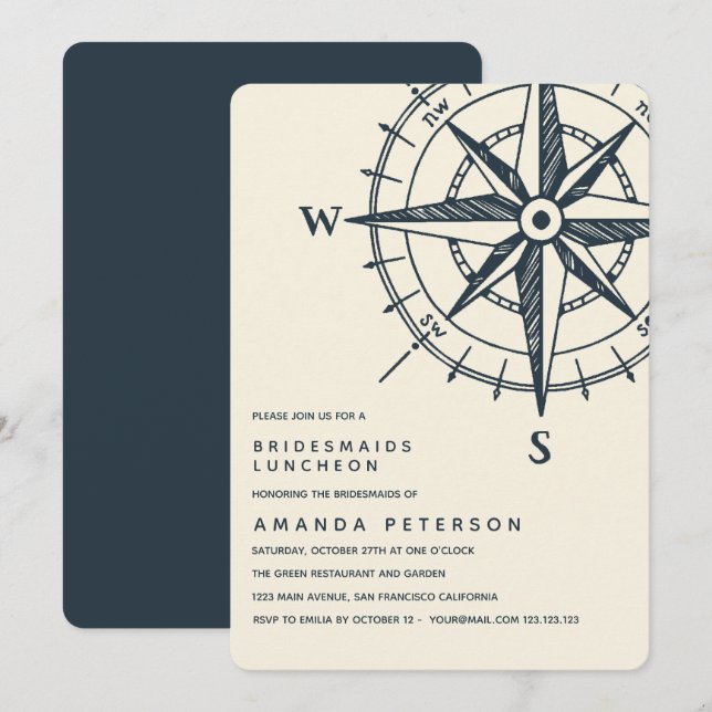 Invitation La boussole bleue | Mariage du déjeuner pour femme (Devant / Derrière)
