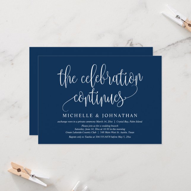 Invitation La Célébration Continue, Fête de Mariage Intime (Devant/Arrière en situation)