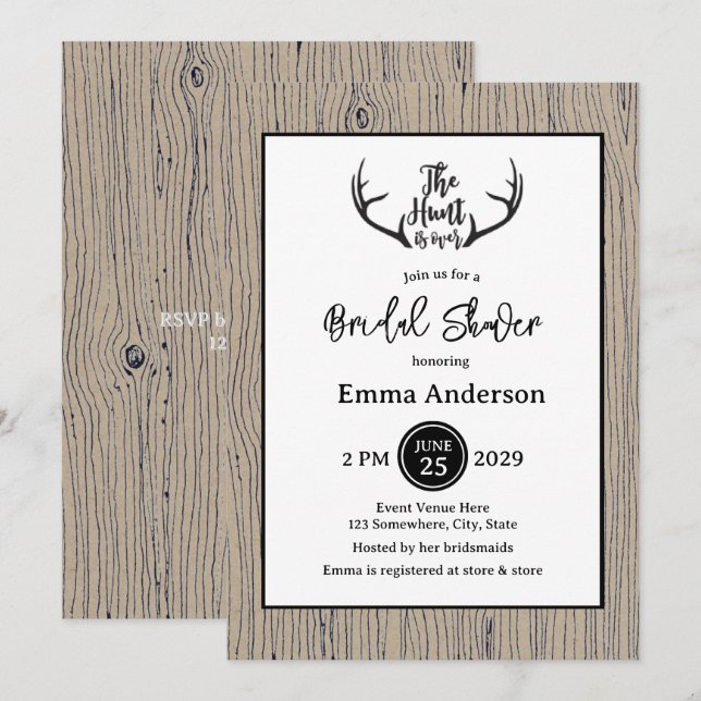 Invitation "La chasse est terminée" Rustic Antler Barnwood Ma (Devant / Derrière)