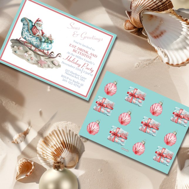 Invitation La Chinoiserie de père Noël sur la plage Invitatio (Santa’s Chinoiserie Sleigh on the Beach Invitation-front and back)