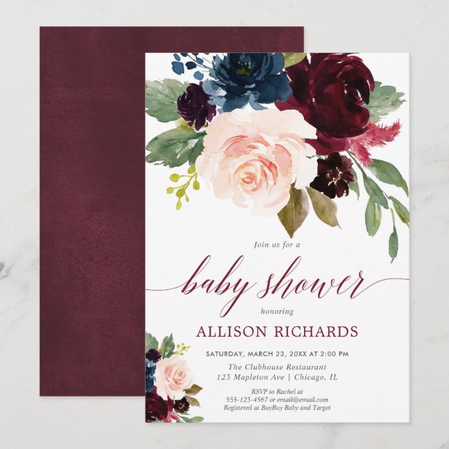 Invitation La chute florale rougissent baby shower bleu de (Devant / Derrière)
