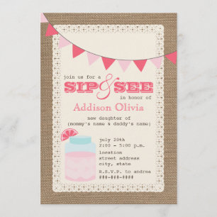 Invitation La citronnelle rose Burlap inspire Sip & See Baby 