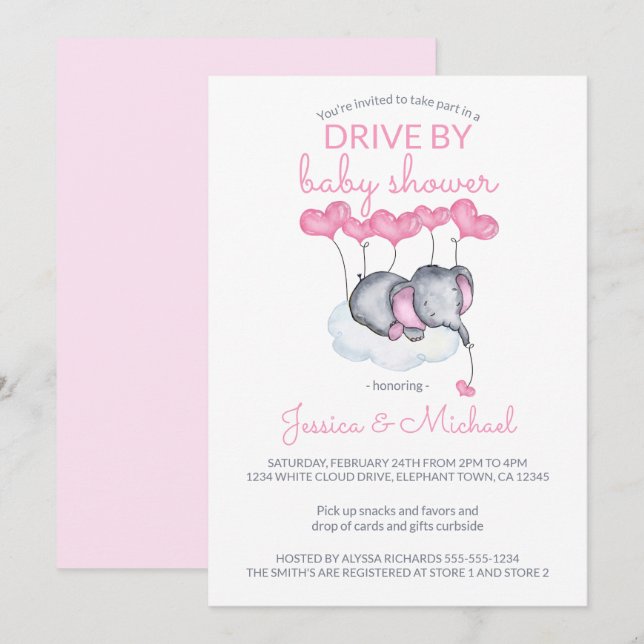 Invitation La conduite d'une fille par un éléphant rose Baby  (Devant / Derrière)