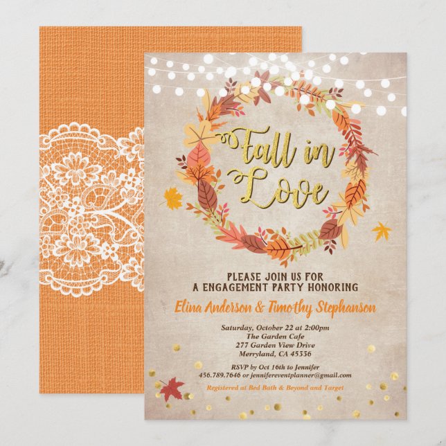 Invitation La couronne de la fête de fiançailles tombée en am (Devant / Derrière)