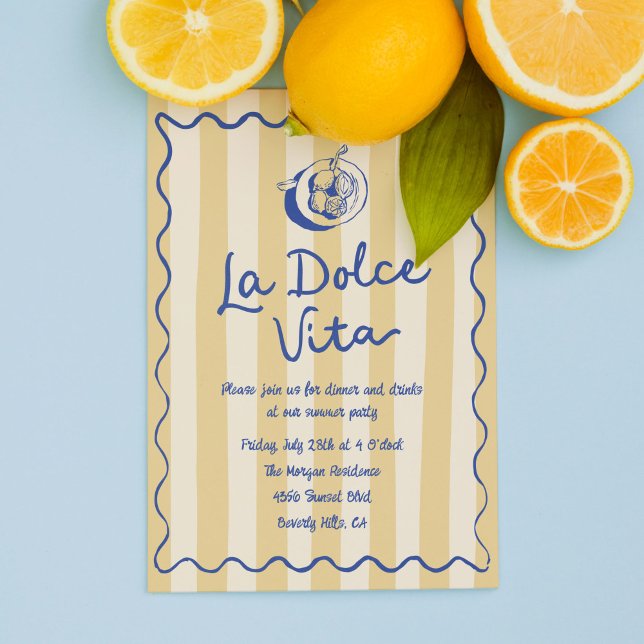 Invitation La Dolce Vita Lemons Fête d'été italienne (La Dolce Vita party invitation template with yellow stripes and hand drawn doodles)