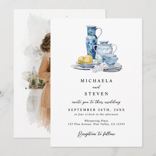 Invitation La Dolce Vita Style Aquarelle Photo Mariage (Devant / Derrière)