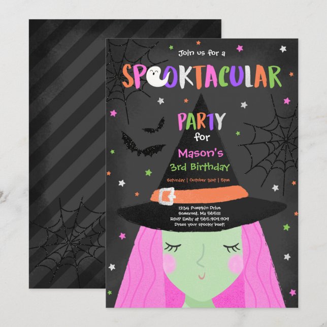 Invitation La fête d'anniversaire de la sorcière d'Halloween  (Devant / Derrière)