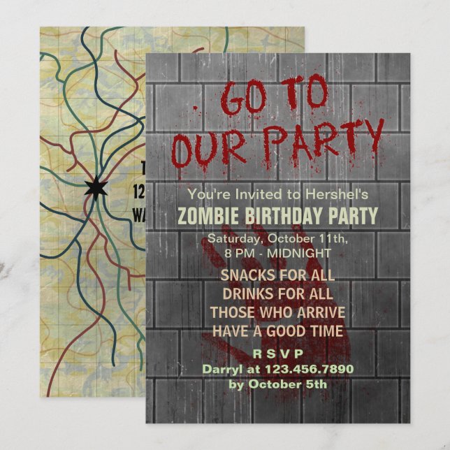 Invitation La fête d'anniversaire de Zombie, mort d'Apocalyps (Devant / Derrière)